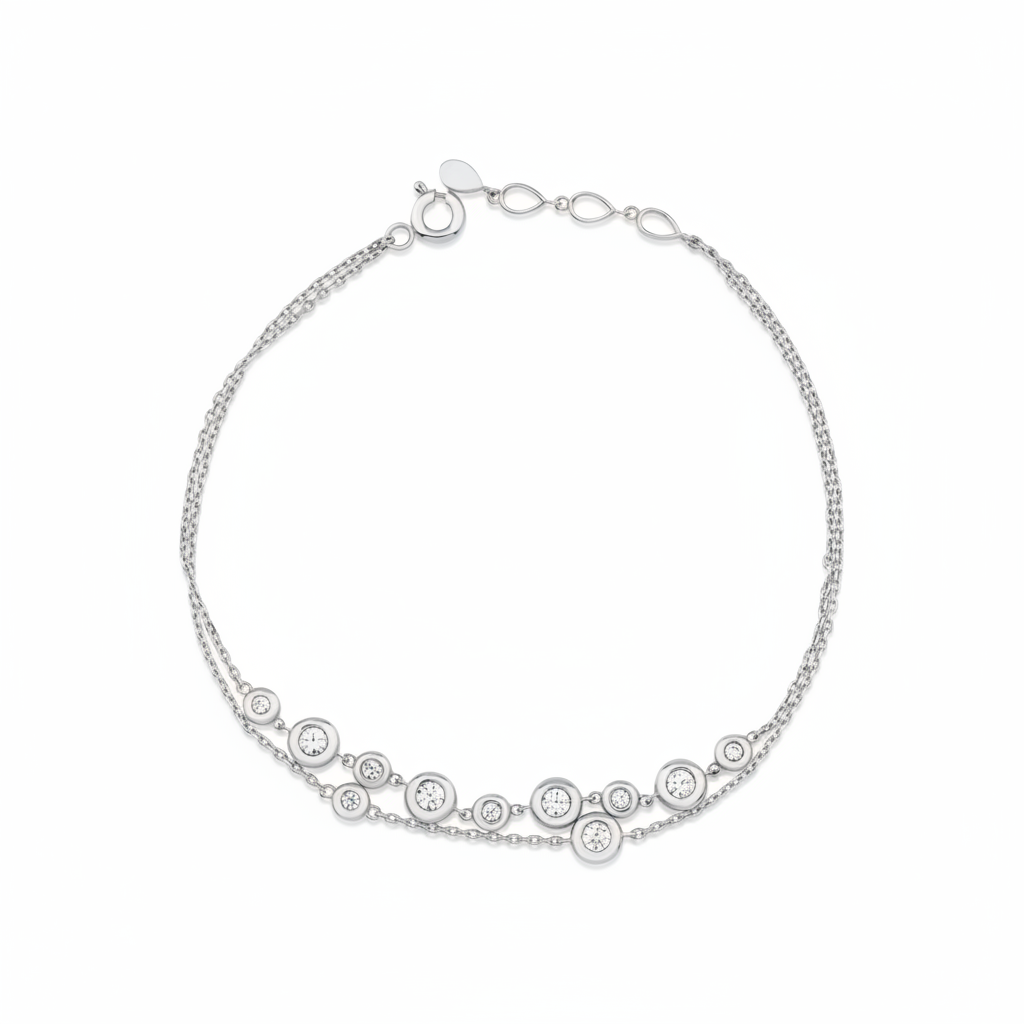 floating circle bracelet in white gold on white background