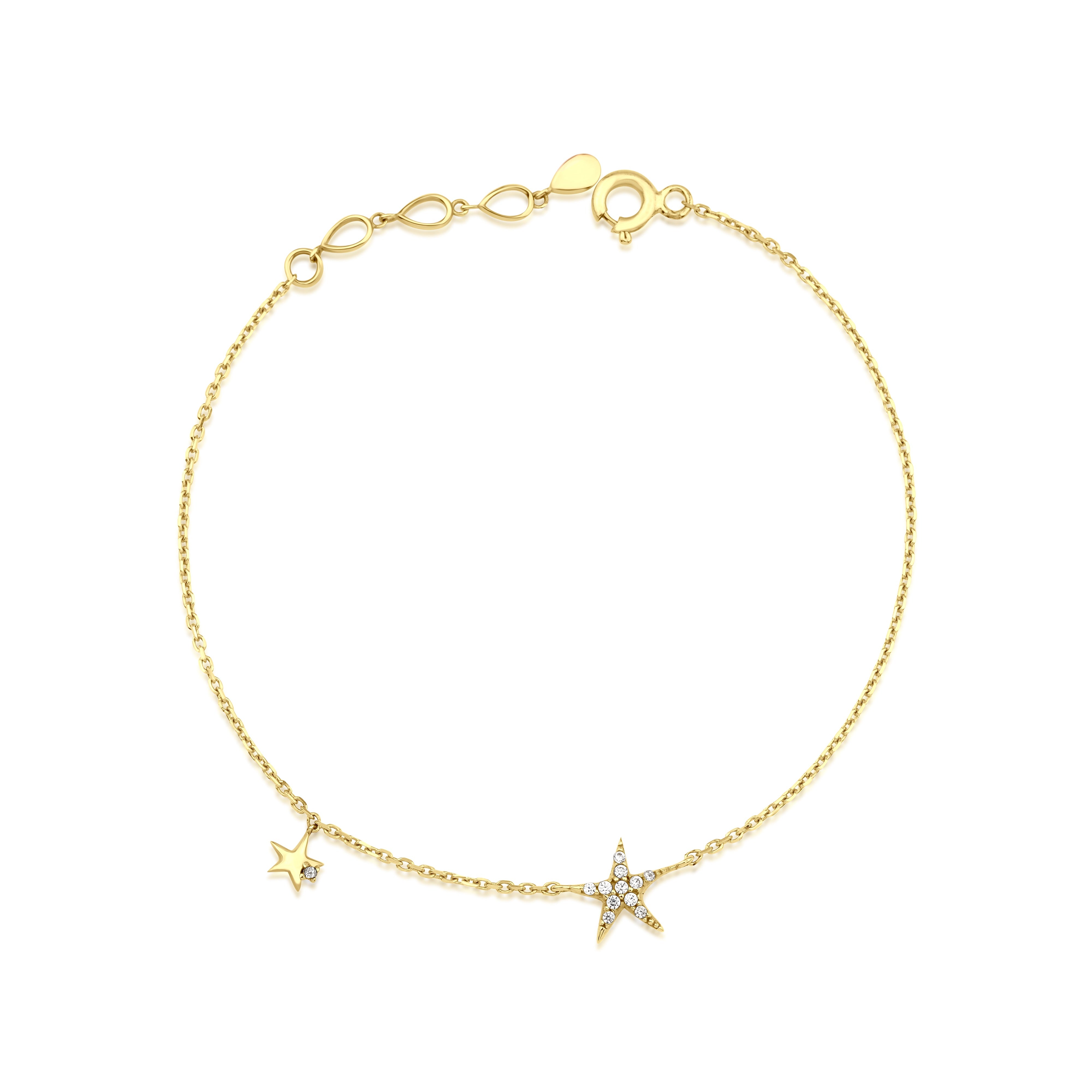 twin star bracelet in yellow gold on white background