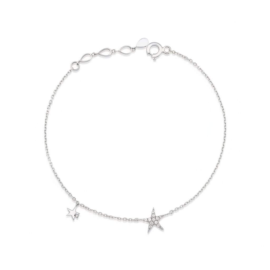 twin star bracelet in white gold on white background