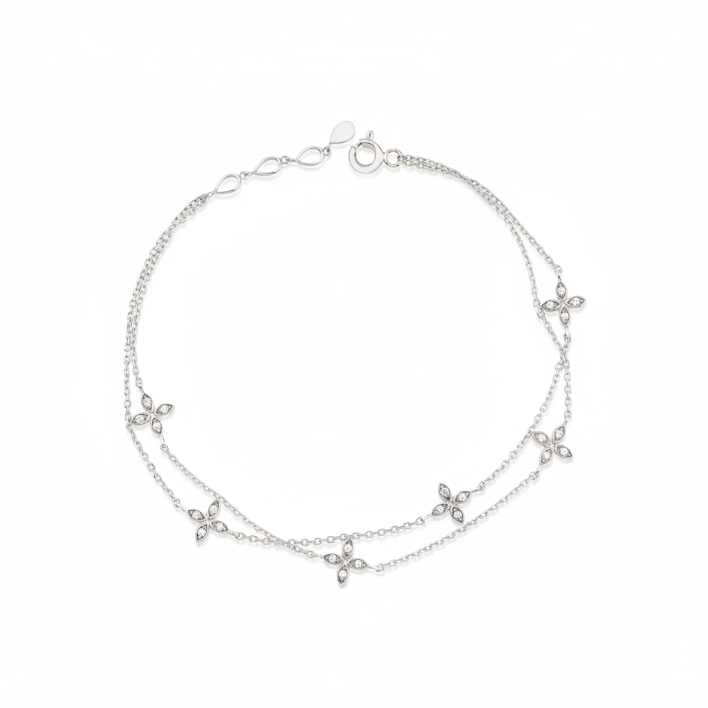 layered bloom bracelet in white gold on white background