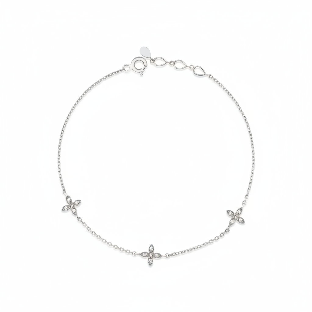 triple bloom bracelet in white gold on white background