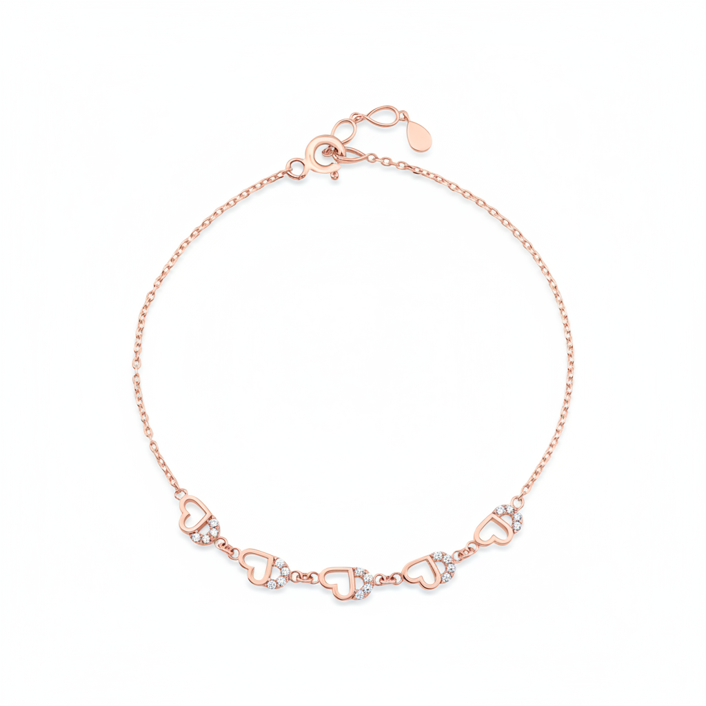 open heart bracelet in rose gold on white background