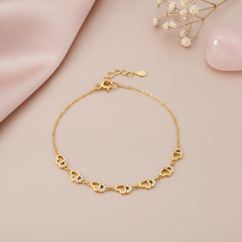 gold bracelet with five openwork heart charms, shown on pink fabric with baby's breath and a rose quartz stone