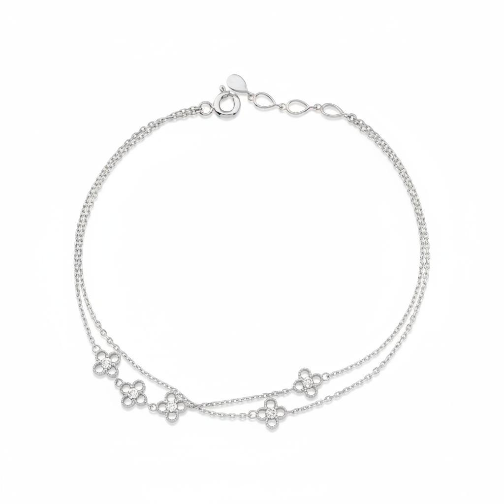 clover strand bracelet in white gold on white background