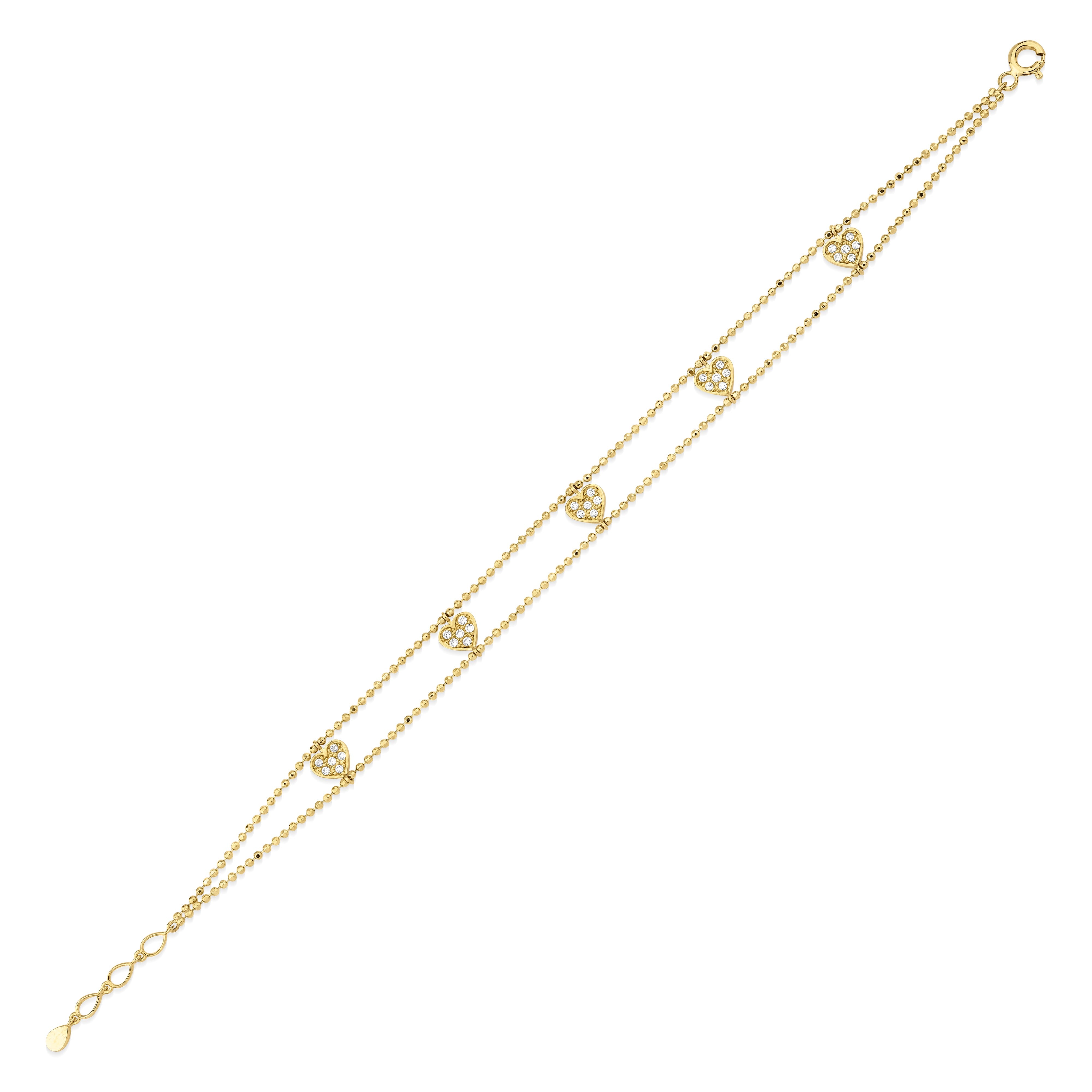 beaded heart bracelet in yellow gold on white background