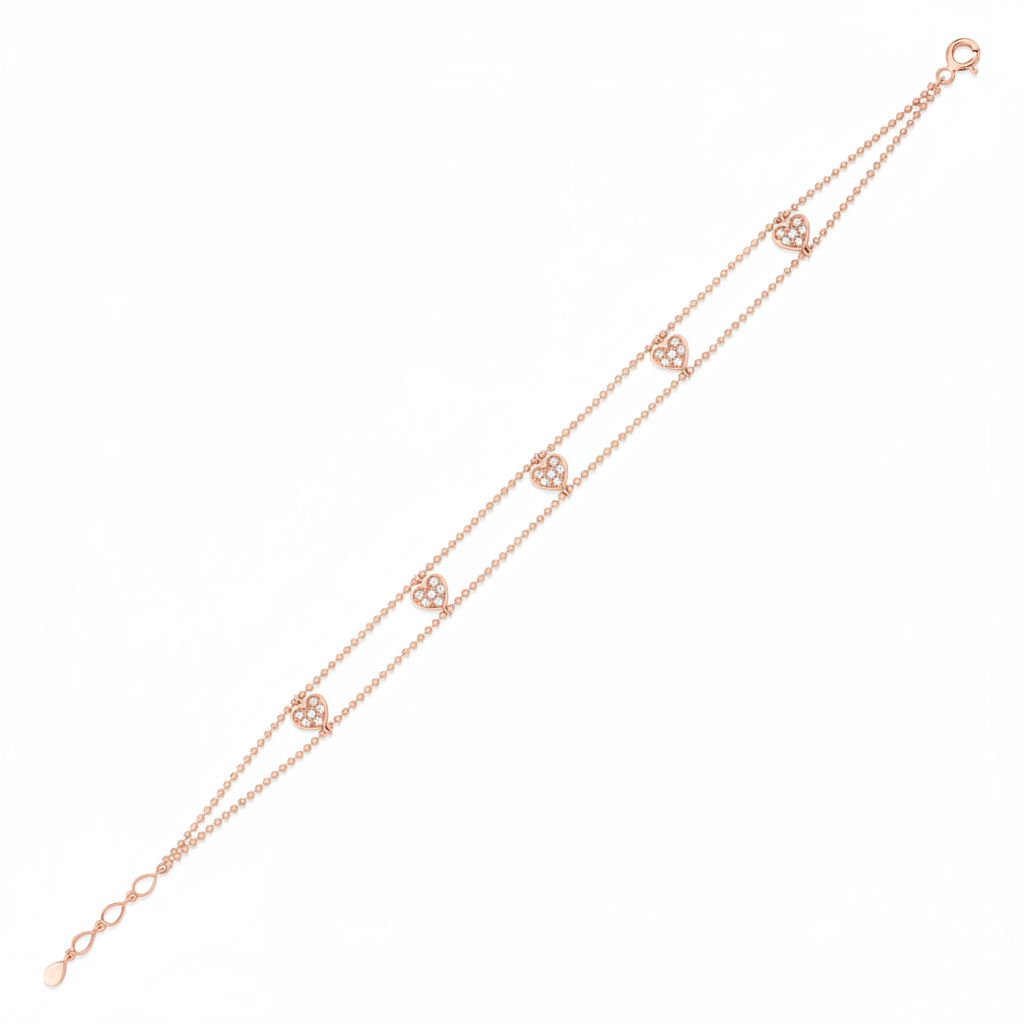 beaded heart bracelet in rose gold on white background