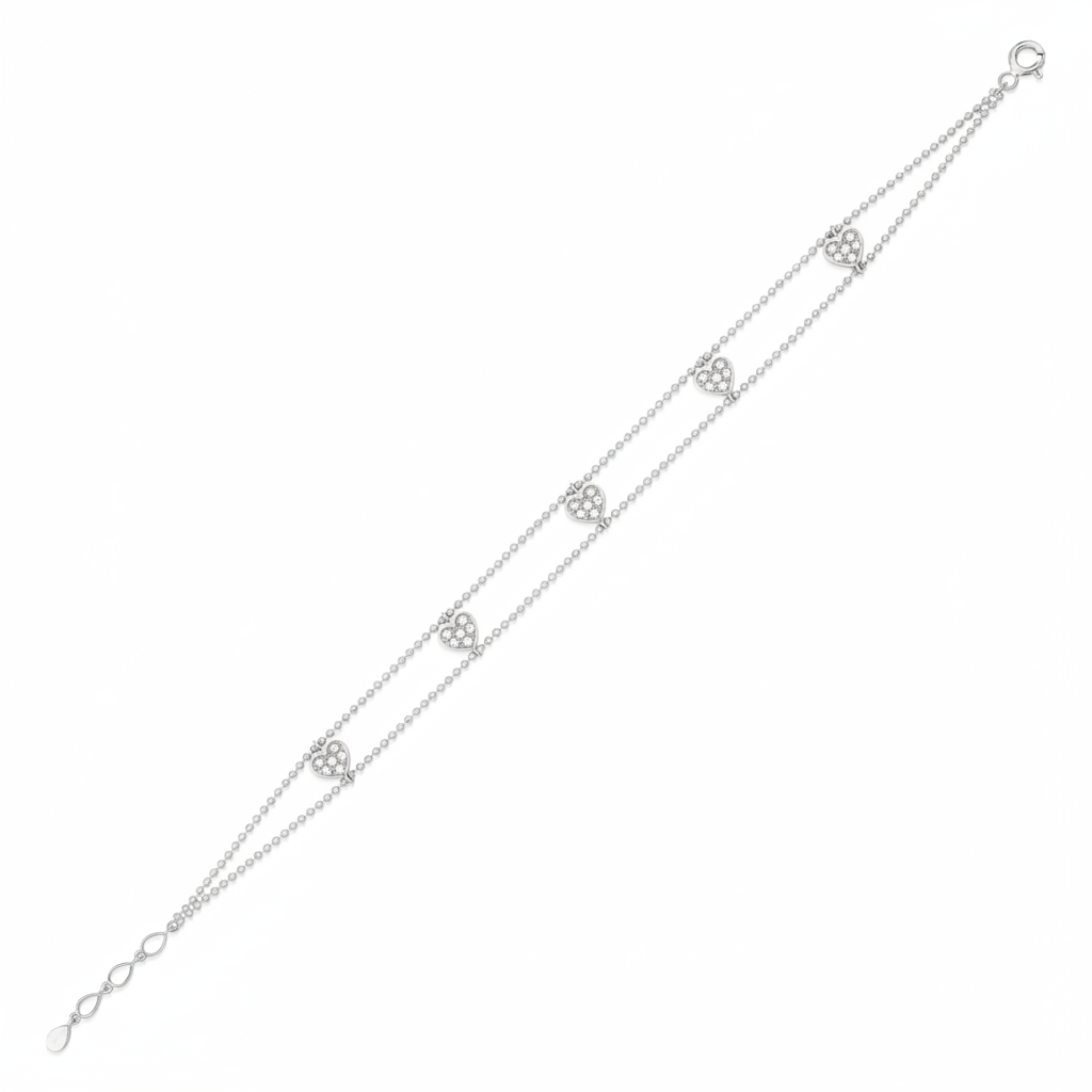 beaded heart bracelet in white gold on white background