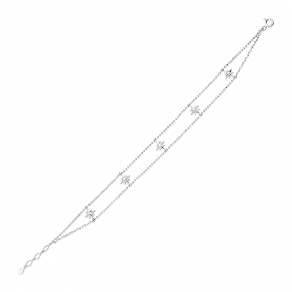 beaded starburst bracelet in white gold on white background