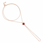 crimson heart hand chain bracelet in rose gold on white background