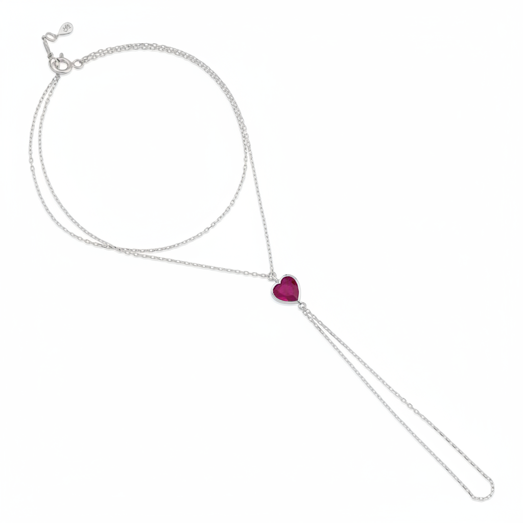crimson heart hand chain bracelet in white gold on white background