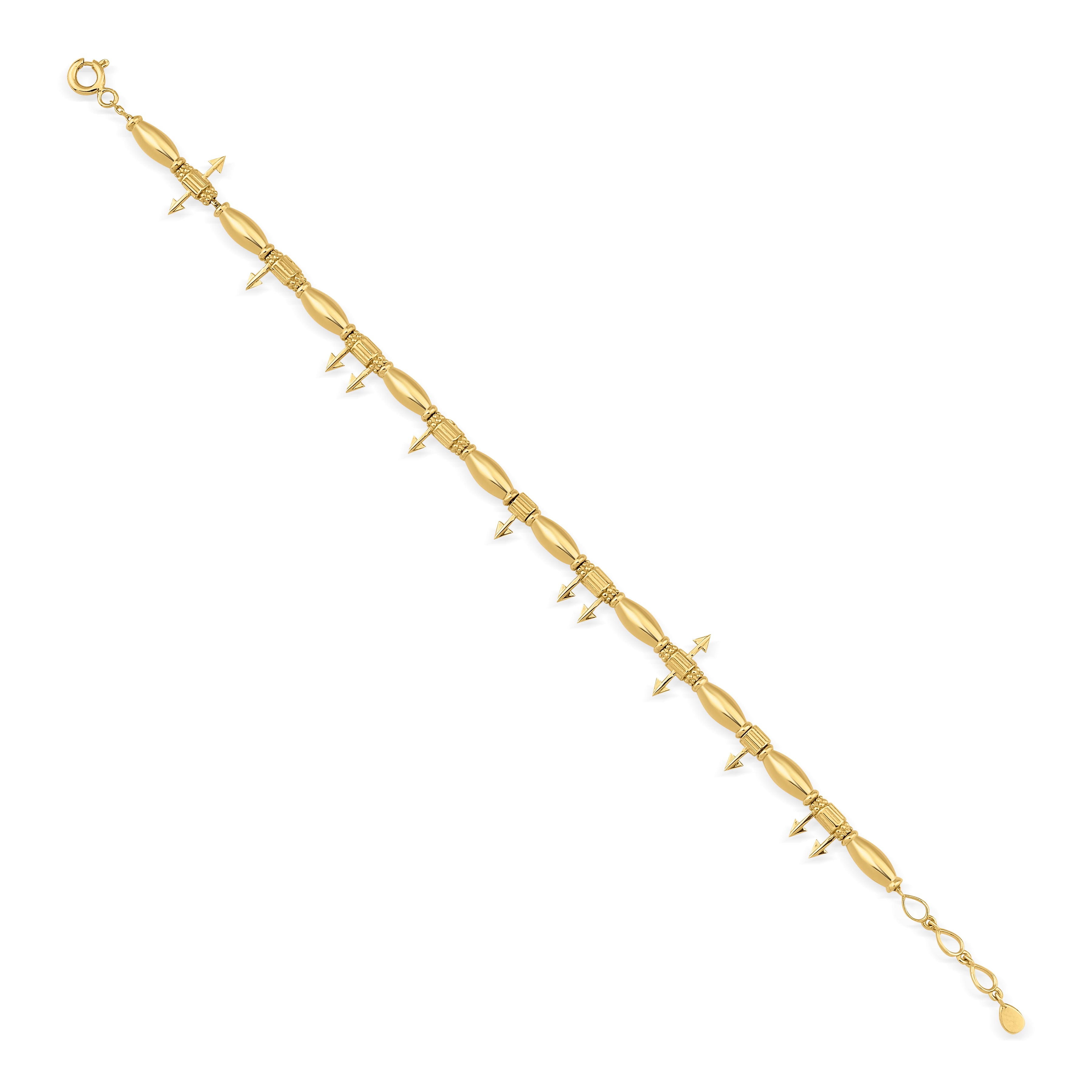arrow charm bracelet in yellow gold on white background
