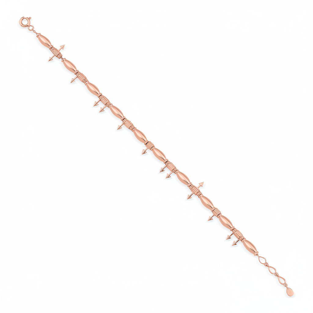 arrow charm bracelet in rose gold on white background