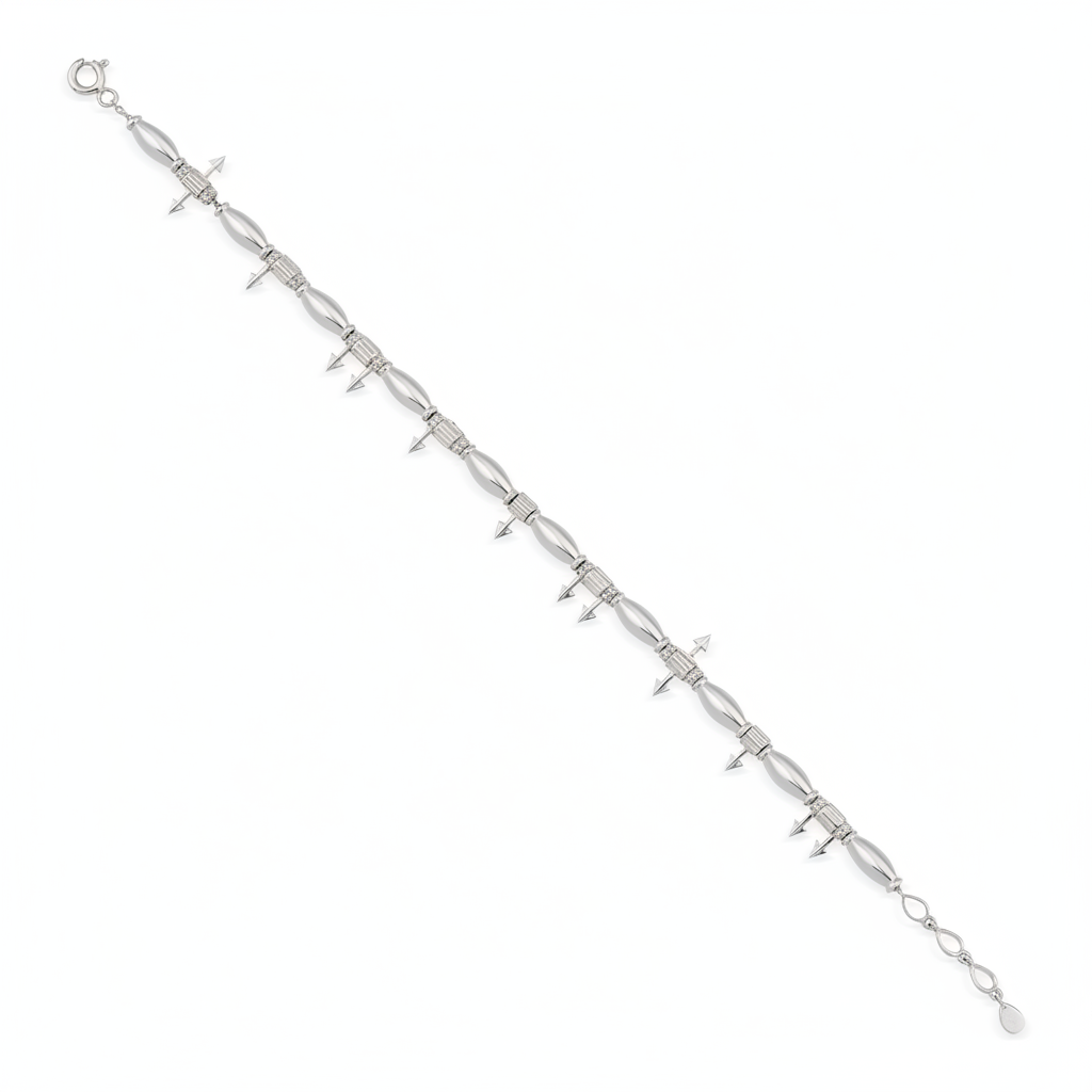 arrow charm bracelet in white gold on white background