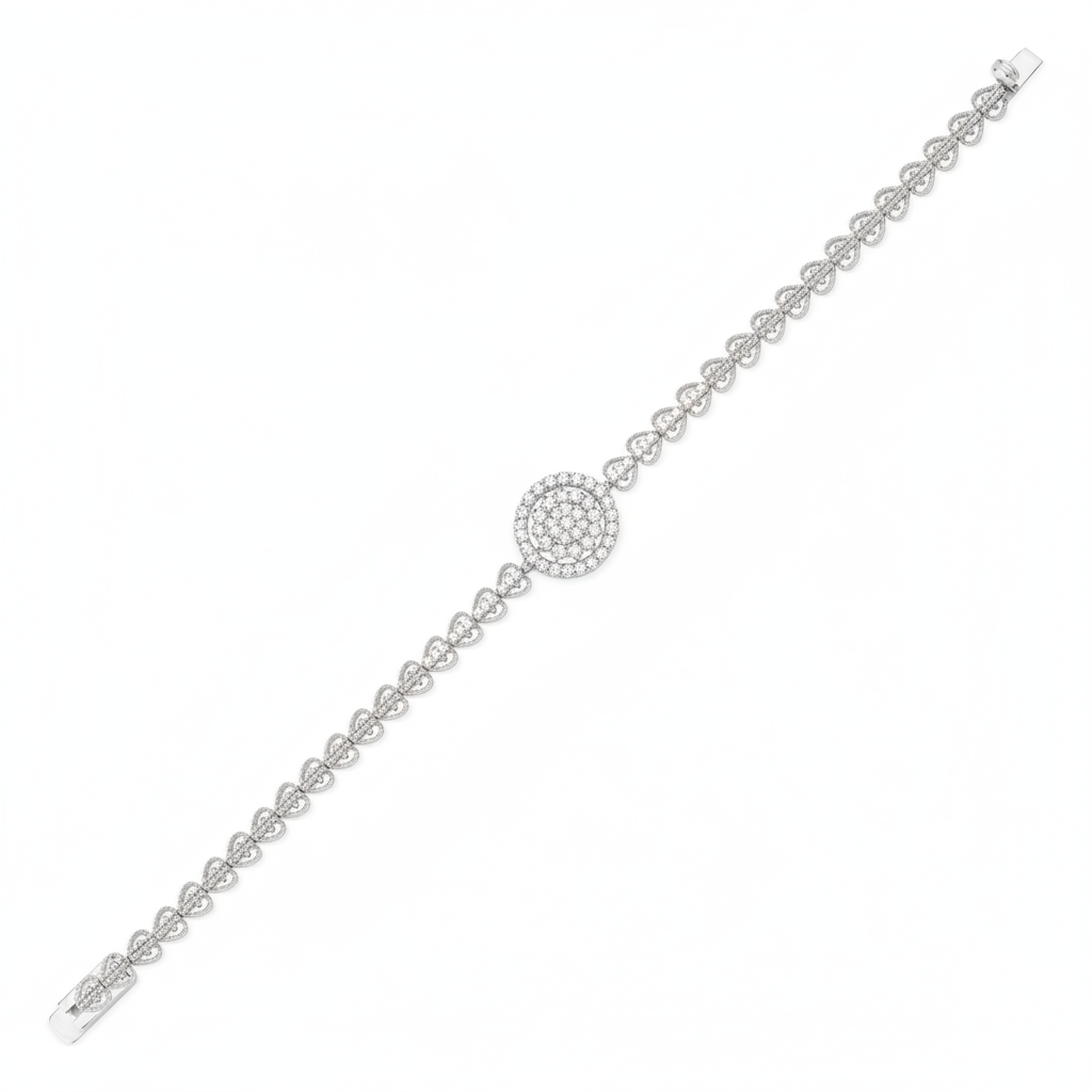 filigree medallion bracelet in white gold on white background