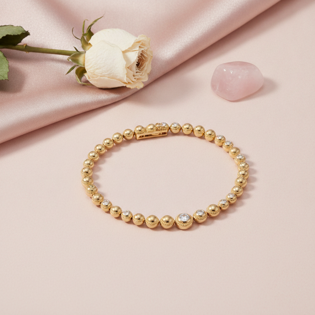 gold beaded bracelet with round beads and pave stone accents, shown on pink fabric with a dried rose and a rose quartz stone