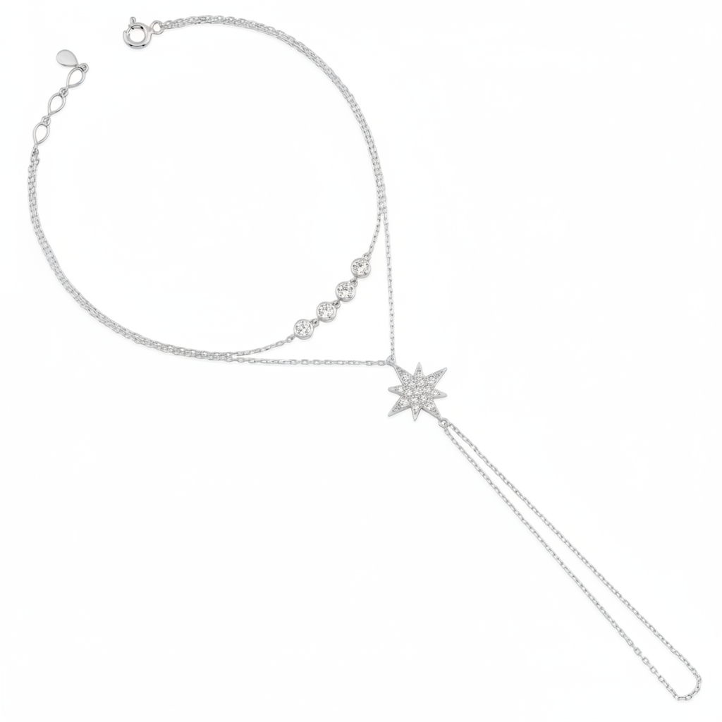 draped starburst bracelet in white gold on white background
