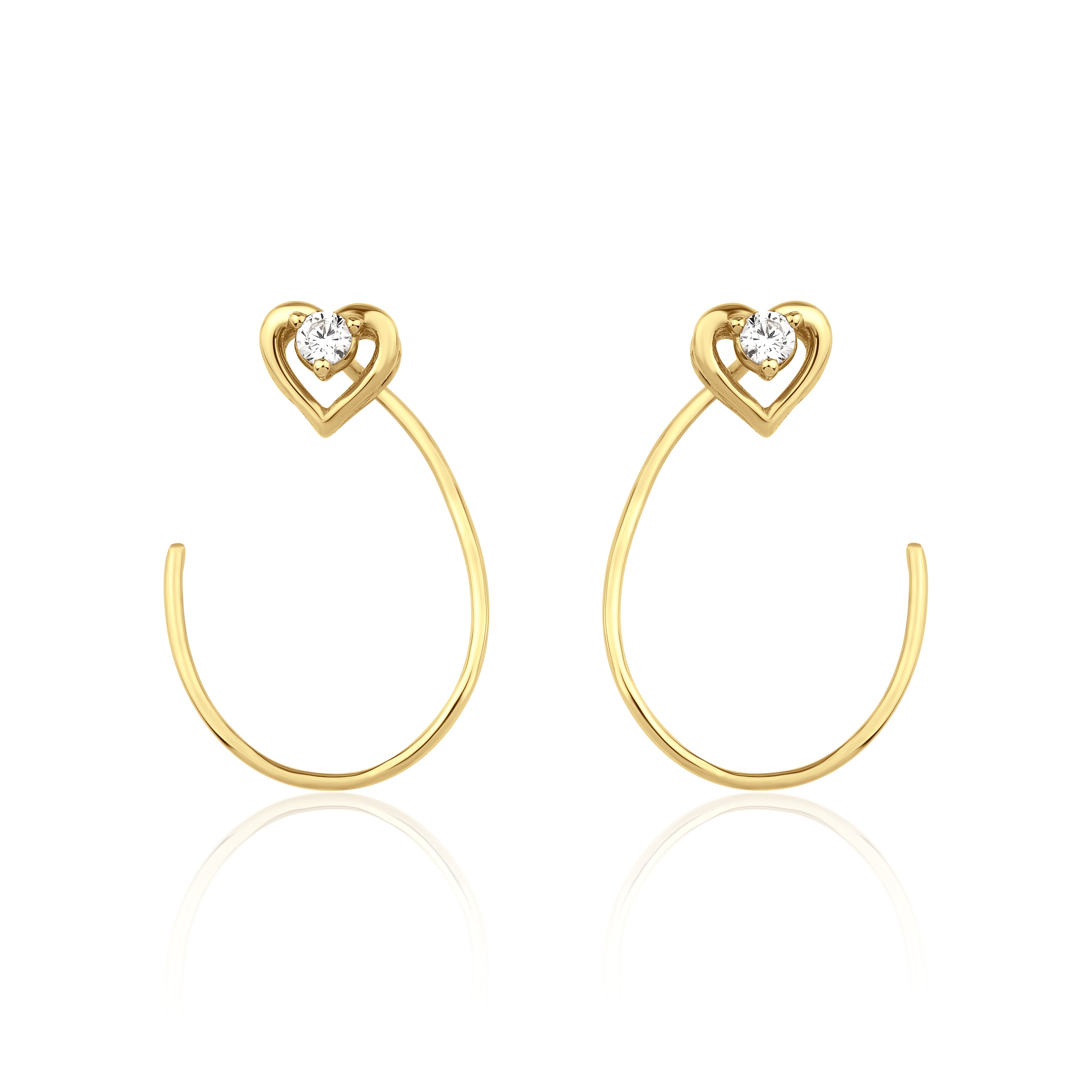 open heart hoop earrings in yellow gold on white background