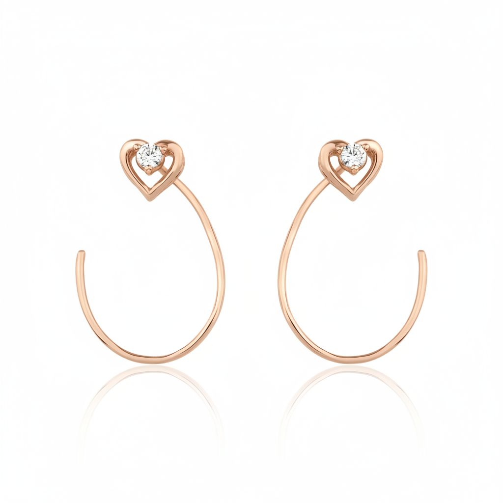open heart hoop earrings in rose gold on white background