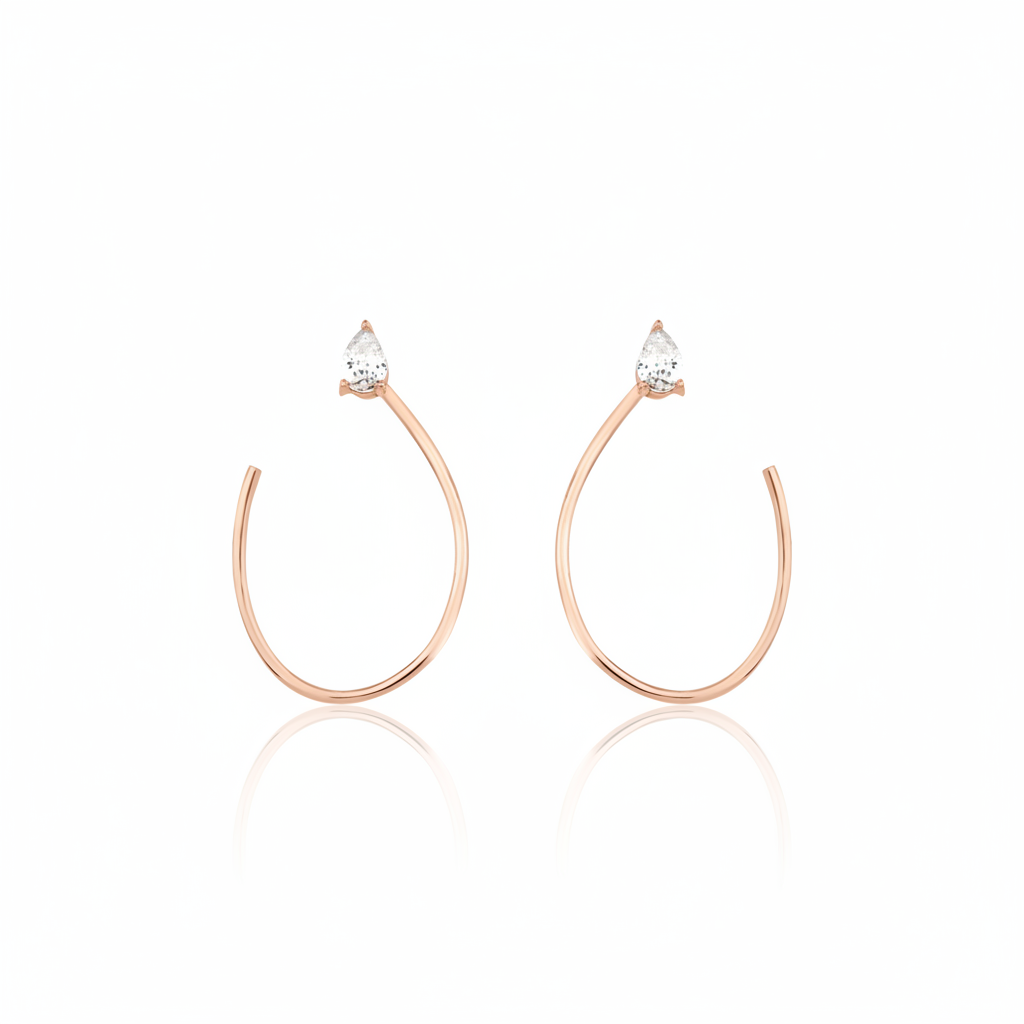 open loop earrings in rose gold on white background