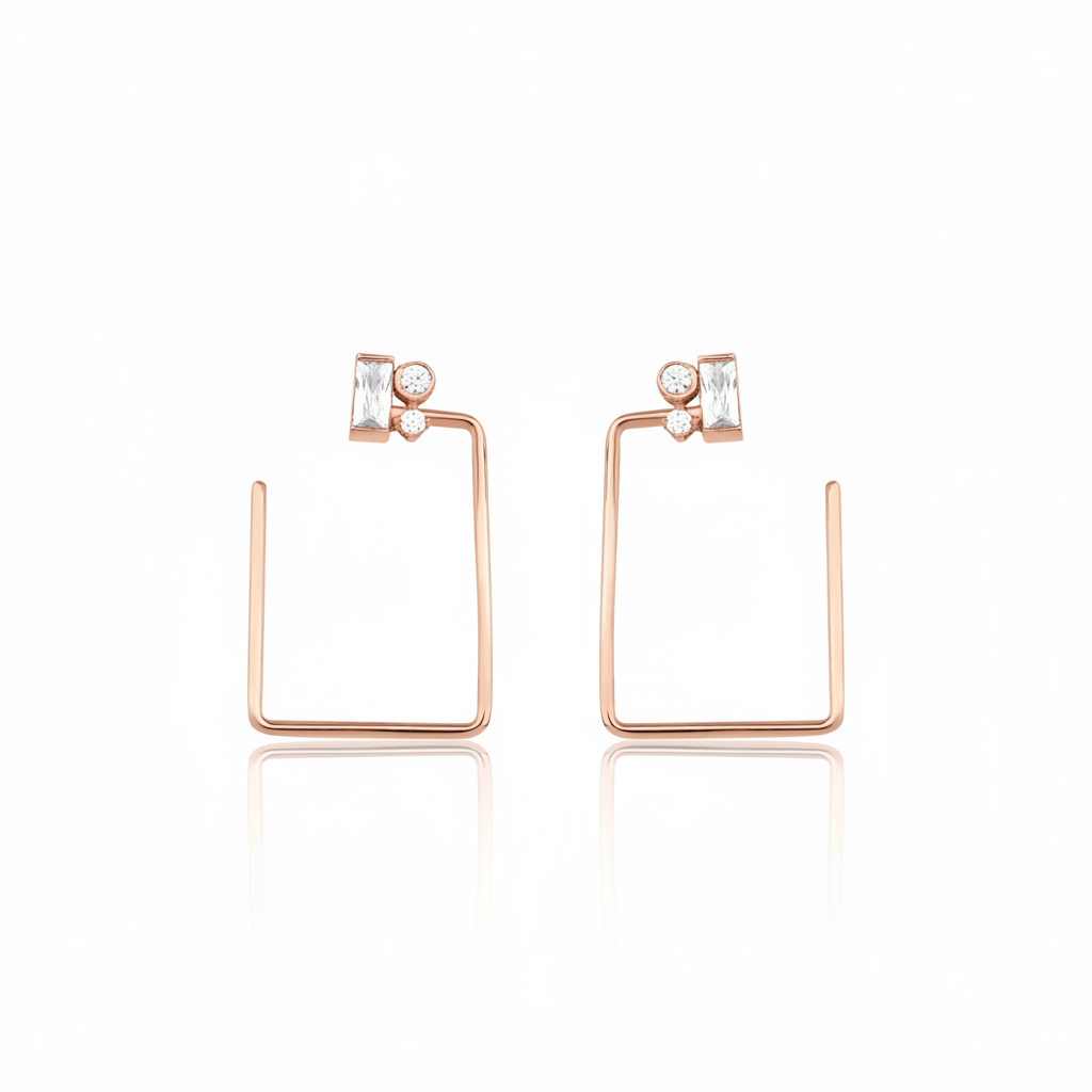 rectangle baguette earrings in rose gold on white background