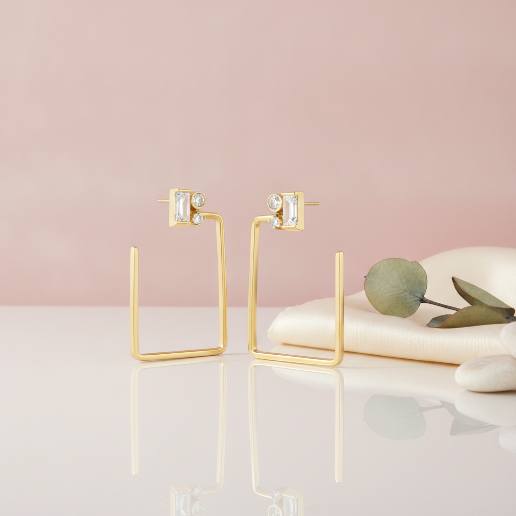 pair of open rectangular hoop earrings topped with a baguette and round stones, shown on a reflective surface with eucalyptus and cream fabric