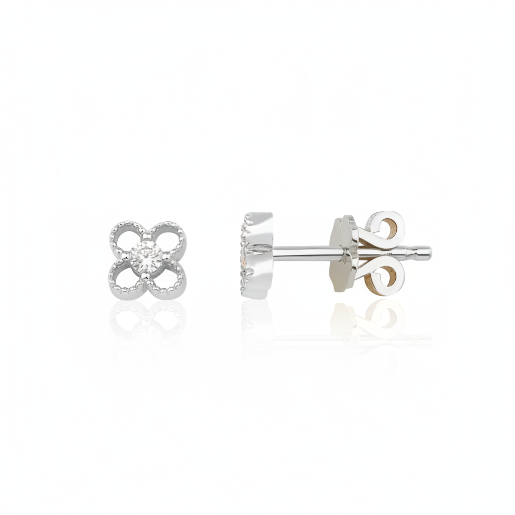 openwork clover stud earrings in white gold on white background