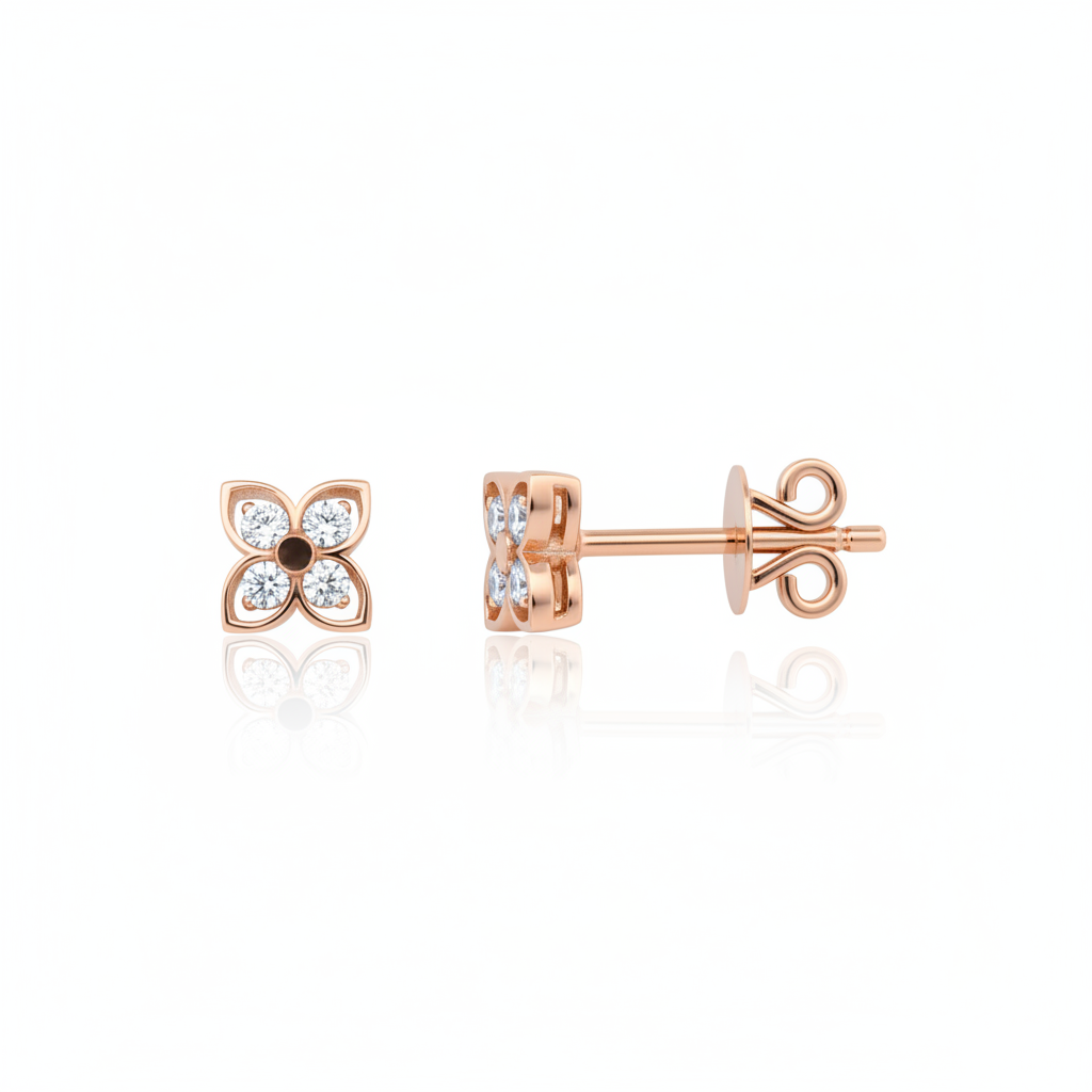 floral stud earrings in rose gold on white background