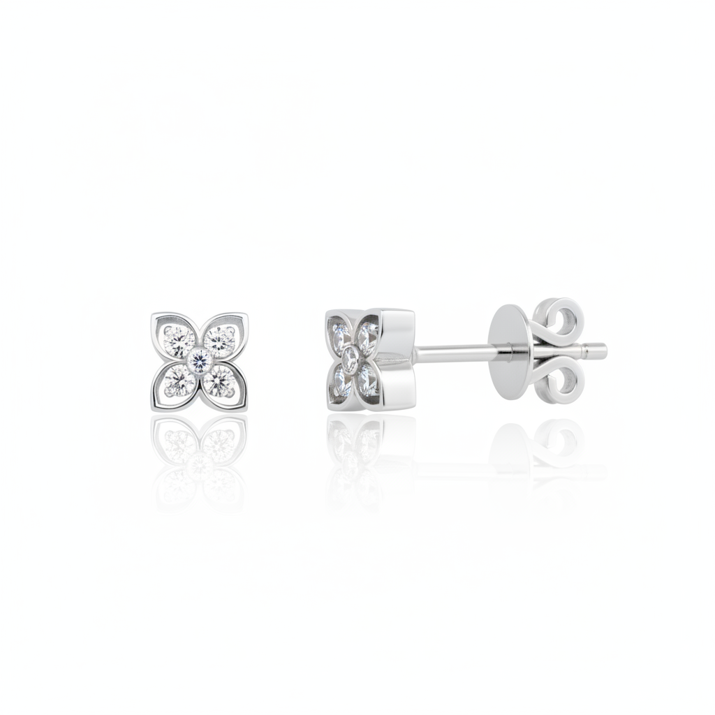 floral stud earrings in white gold on white background