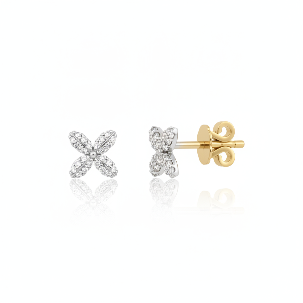 x-shaped stud earrings in white gold on white background