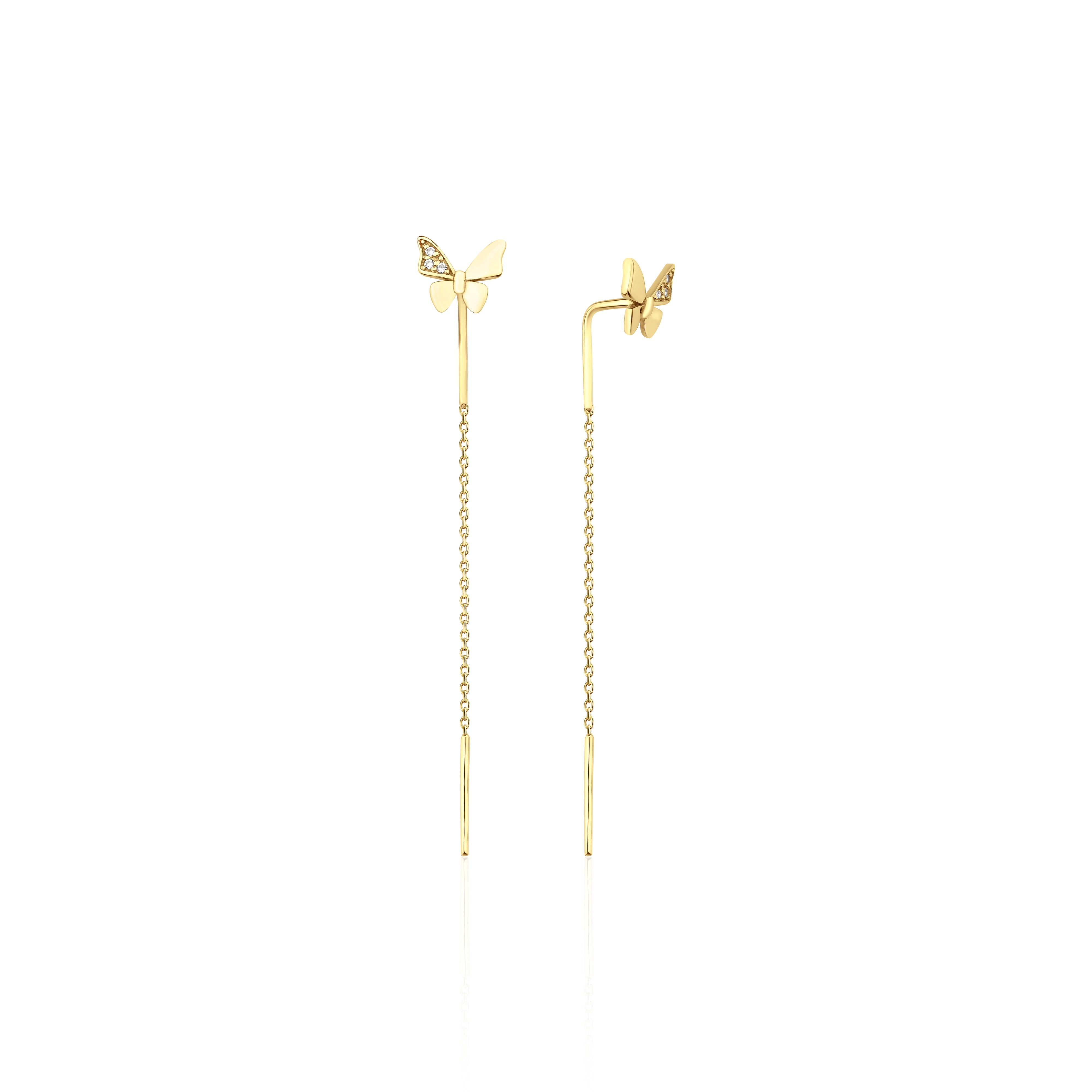 butterfly threader earrings in yellow gold on white background