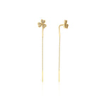 yellow gold clover threader earrings on white background