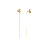 yellow gold clover threader earrings on white background