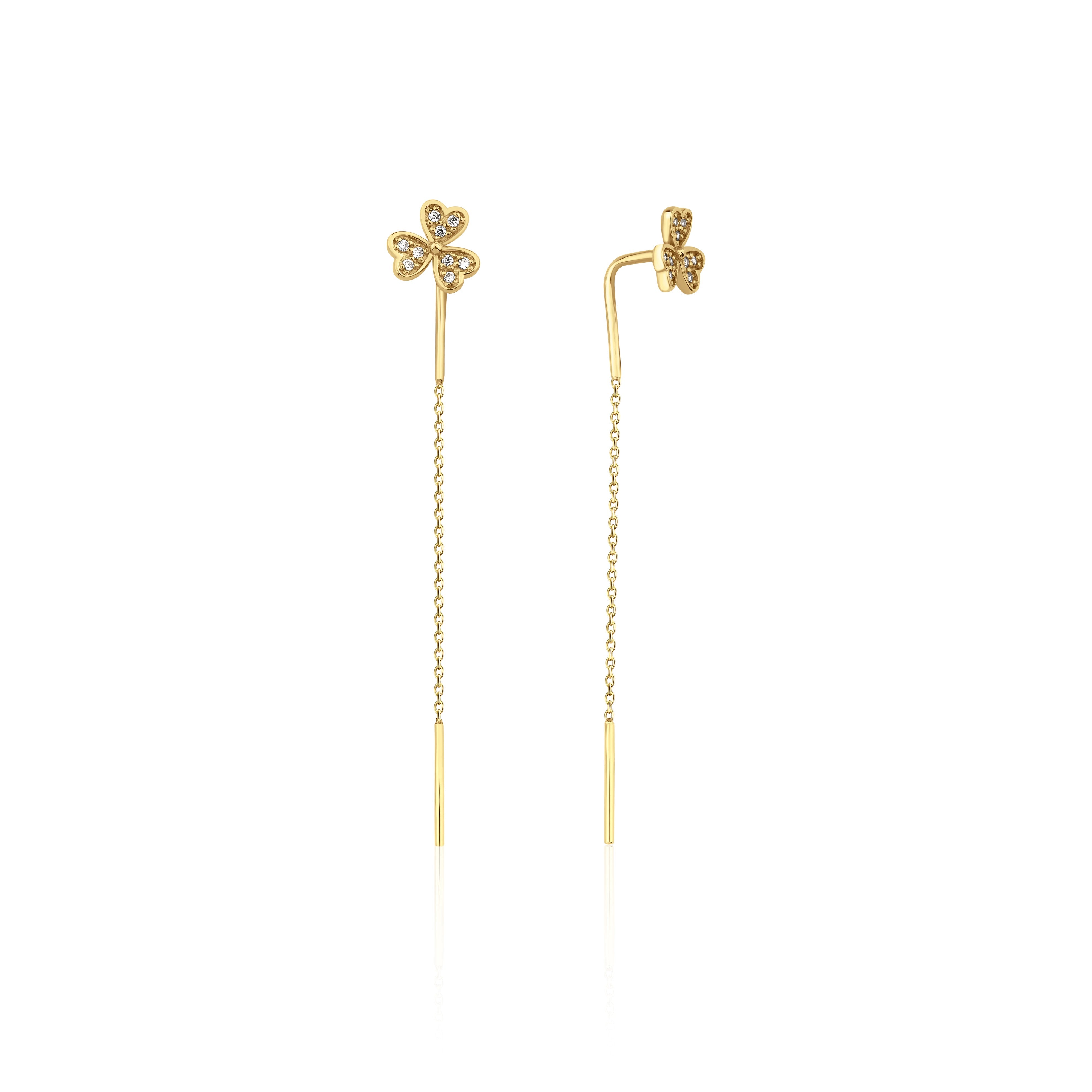 yellow gold clover threader earrings on white background
