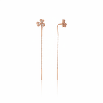 rose gold clover threader earrings on white background