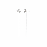 white gold clover threader earrings on white background