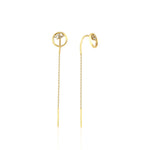 yellow gold circle drop threader earrings on white background
