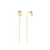 yellow gold circle drop threader earrings on white background