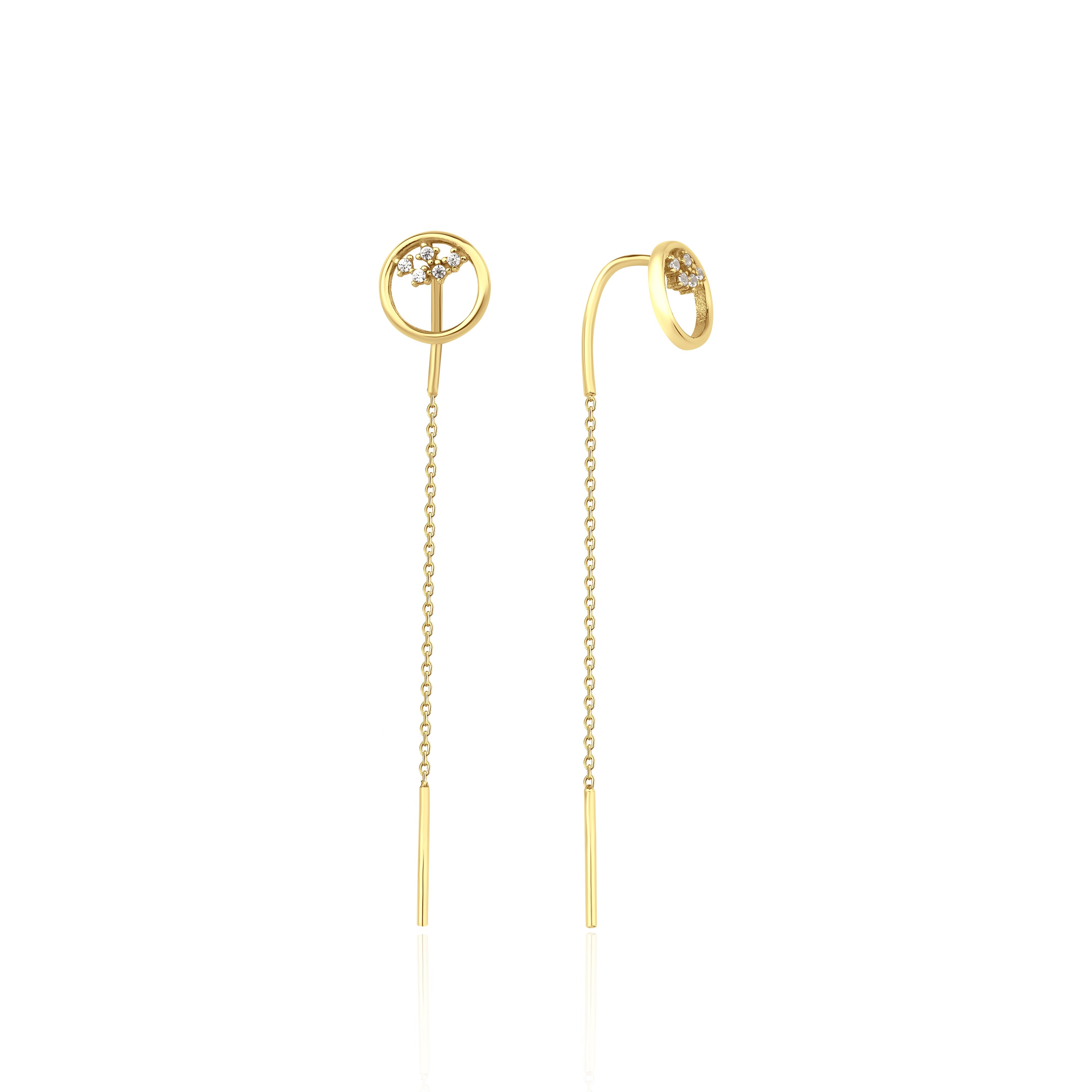 yellow gold circle drop threader earrings on white background