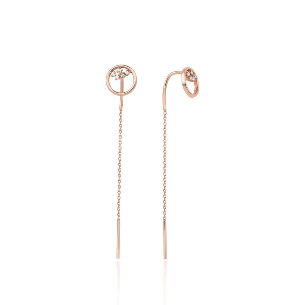 rose gold circle drop threader earrings on white background