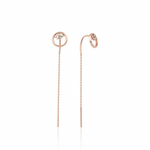 rose gold circle drop threader earrings on white background