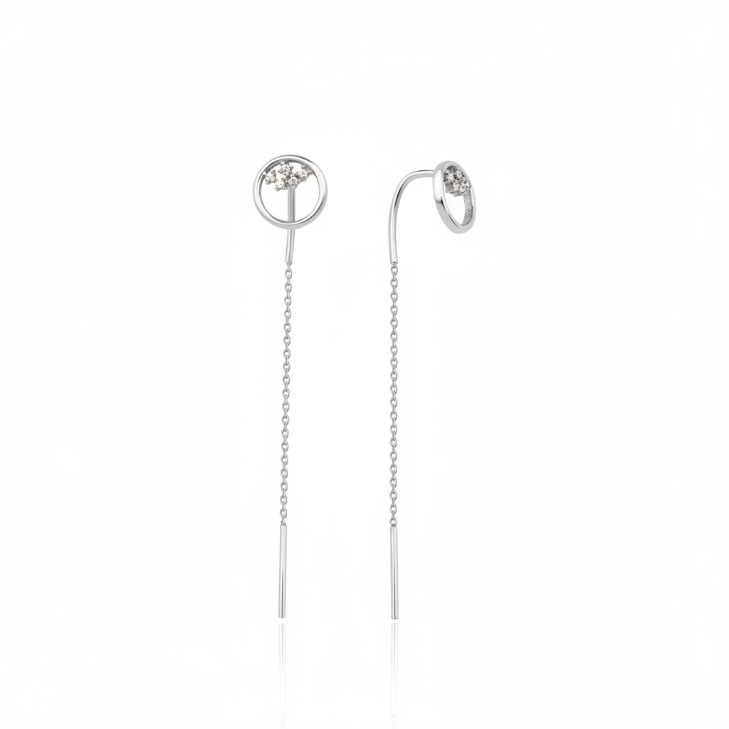 white gold circle drop threader earrings on white background