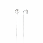 white gold circle drop threader earrings on white background