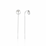 white gold circle drop threader earrings on white background