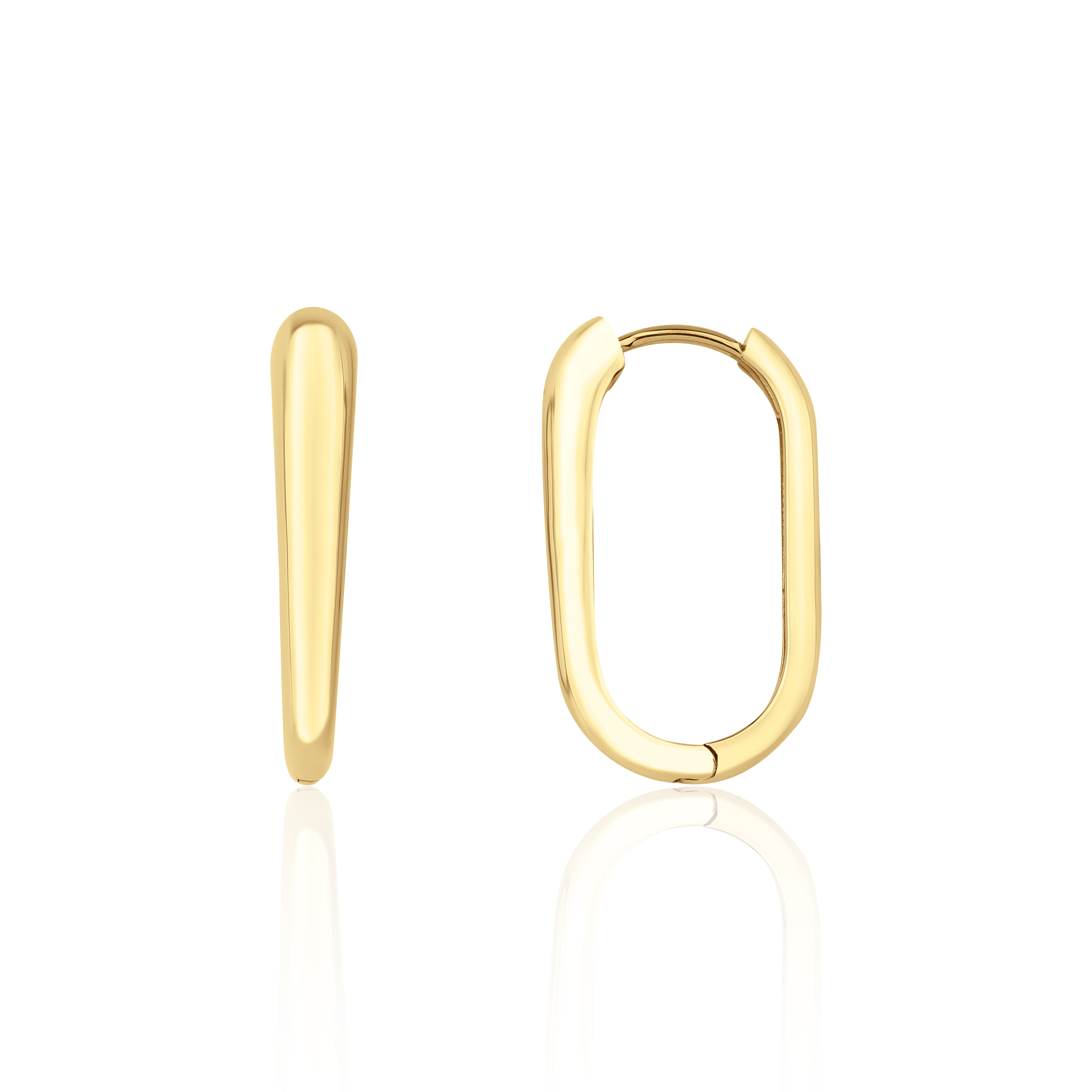 yellow gold oval hoop earrings on white background