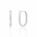 white gold oval hoop earrings on white background
