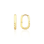yellow gold oval twist hoop earrings on white background