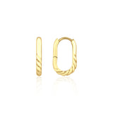 yellow gold oval twist hoop earrings on white background