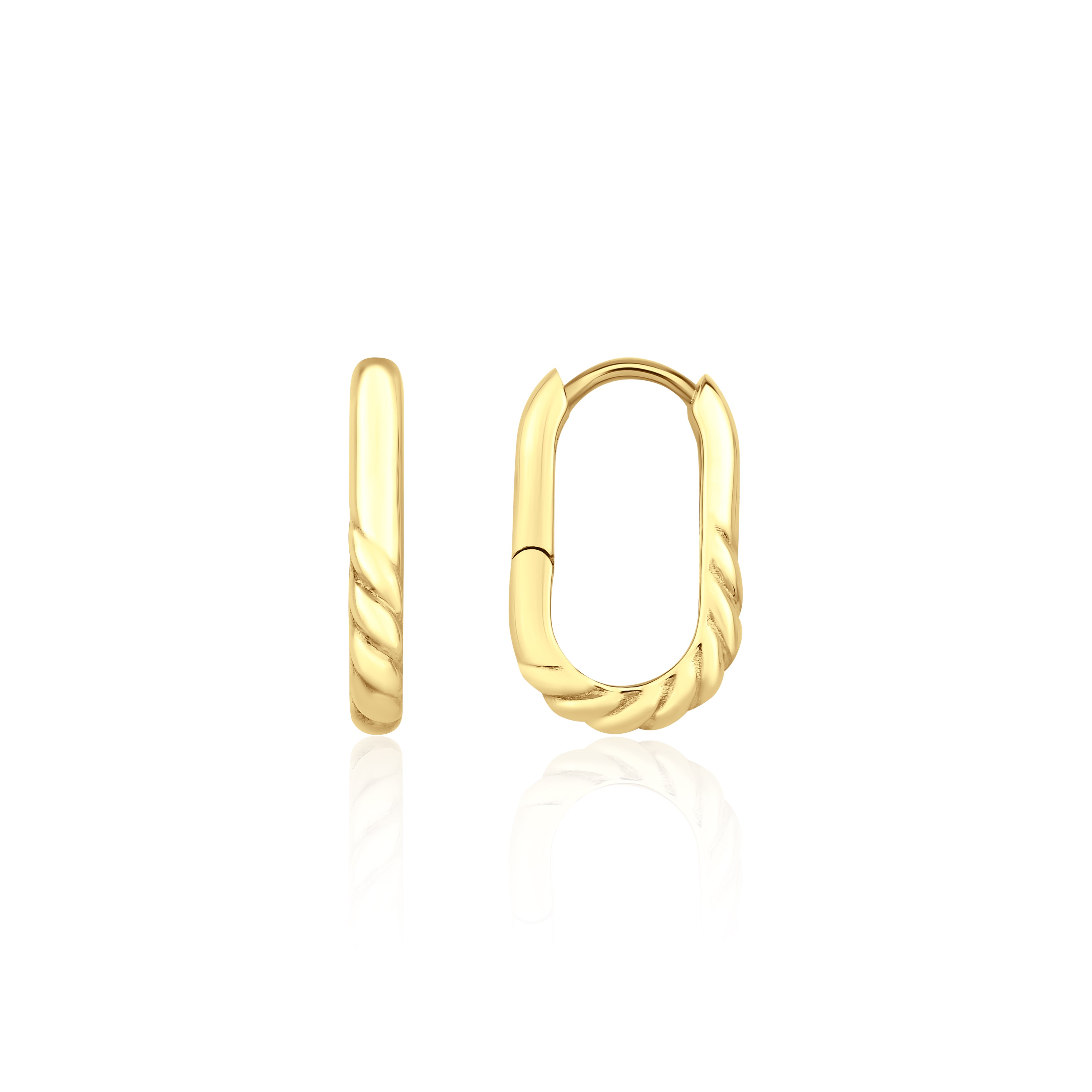 yellow gold oval twist hoop earrings on white background