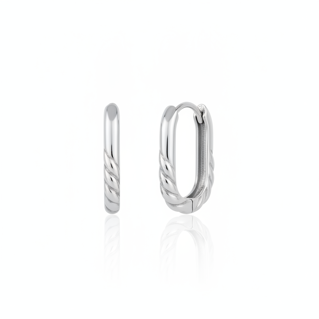 white gold oval twist hoop earrings on white background