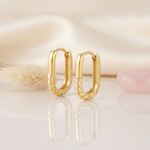 polished gold oval hoop earrings with a sculpted rope-twist base on a cream satin background with dried grass
